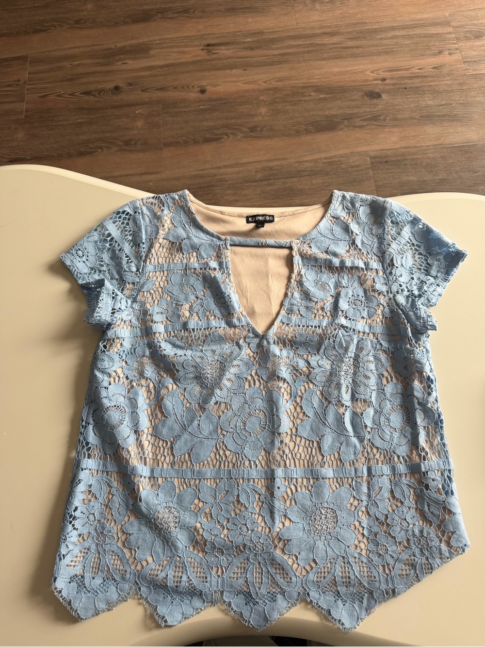 Express Light Blue Floral Lace Keyhole Blouse with Nude Lining